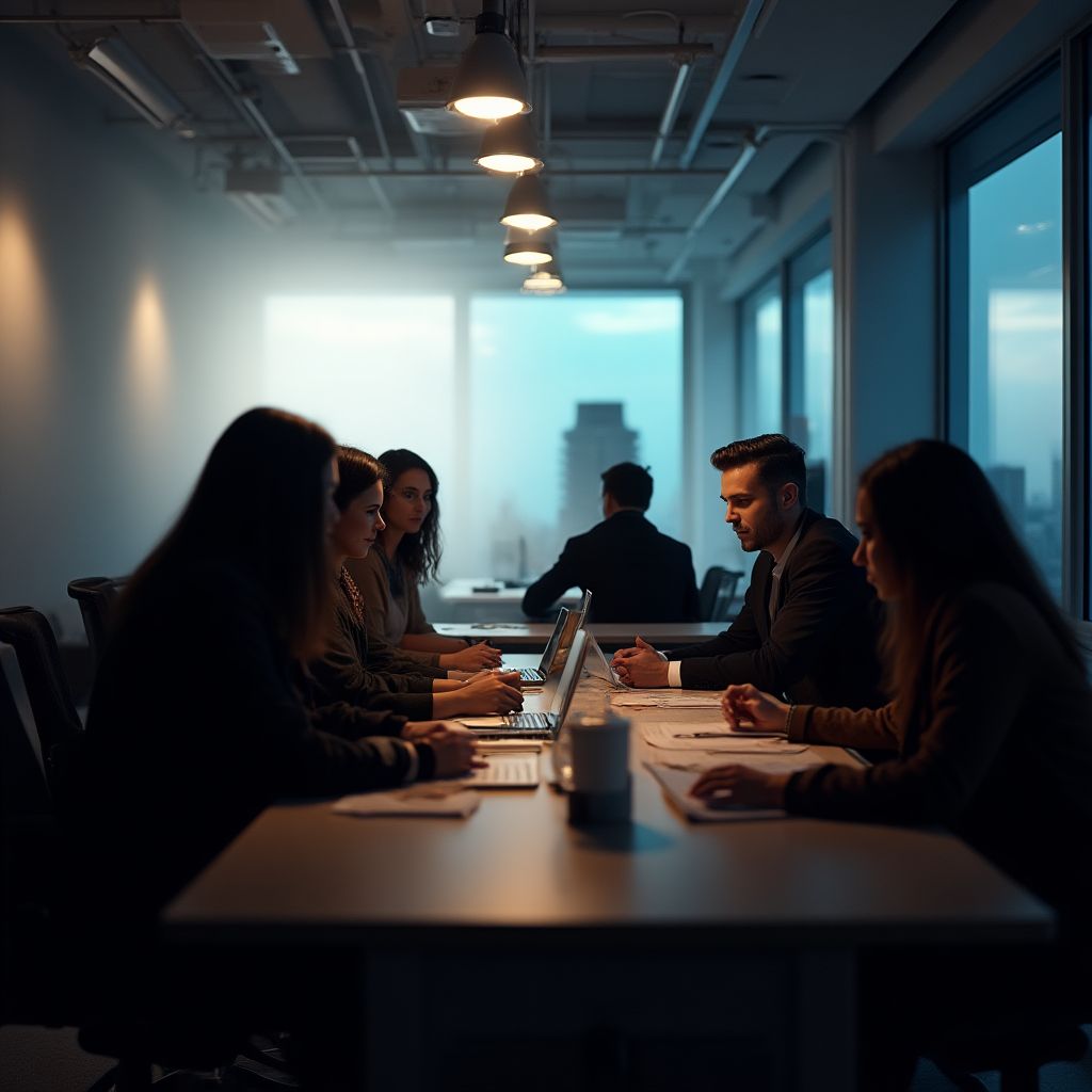 Oficina brutalista con equipo reunido